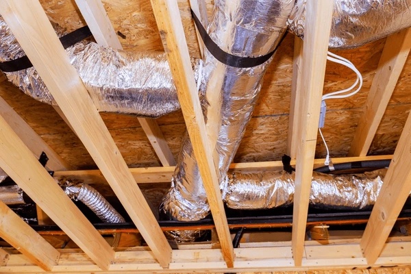 Insulated flexible HVAC ductwork installed through wood framing in a residential attic or open ceiling space