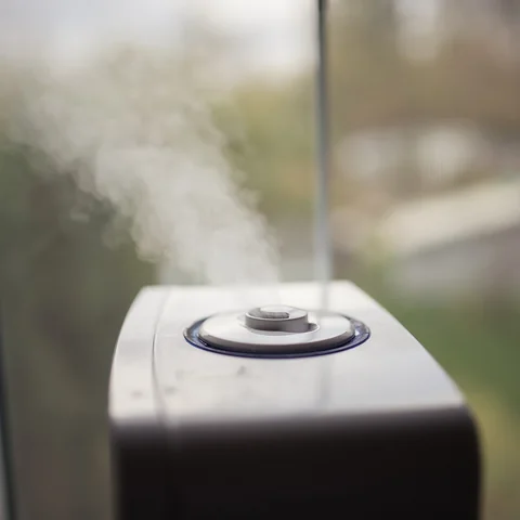 Residential humidifier releasing mist beside a window